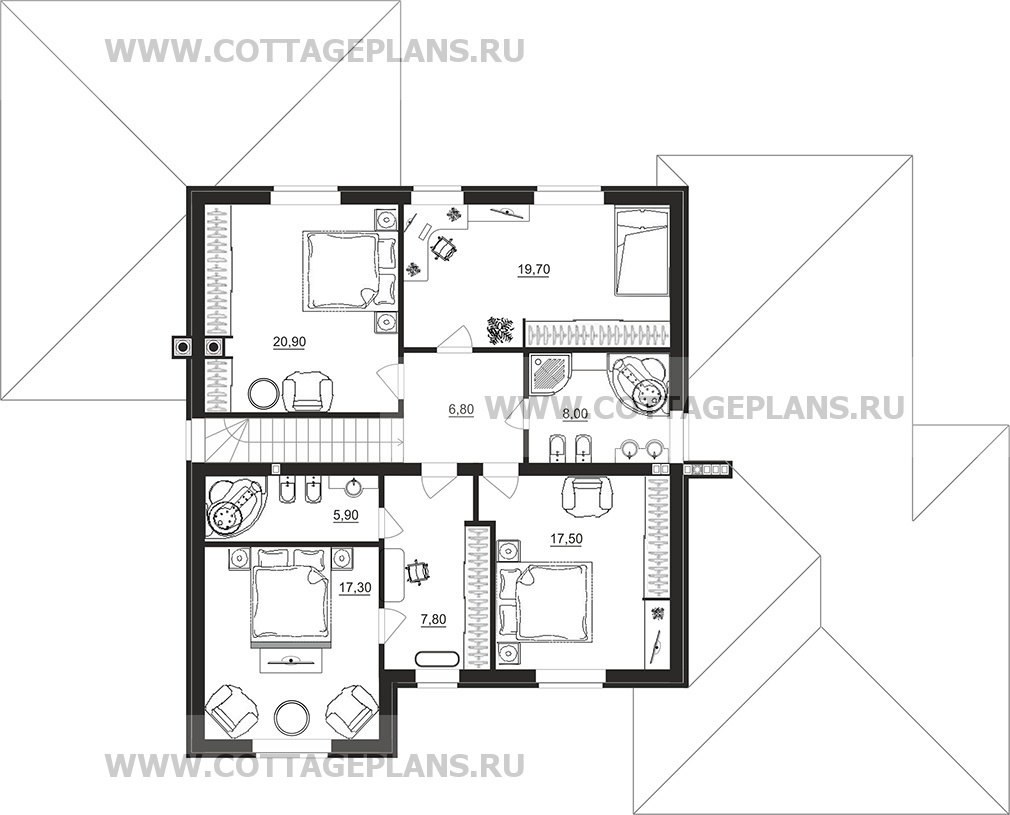 Проект дома 95-38 площадь 277.4 м2 из кирпича, керамических блоков,  двухэтажный с полноценным вторым этажом, с пристроенным гаражом на 2 машины  : цена, каталог, фото, планировки, строительство