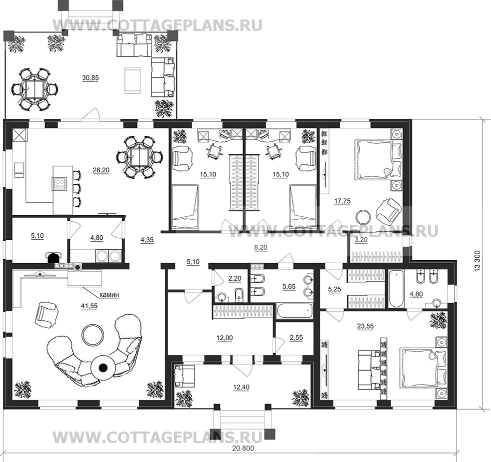 Проект дома 90-28 площадь 204.4 м2 из кирпича, керамических блоков,  одноэтажный, с четырьмя спальнями : цена, каталог, фото, планировки,  строительство