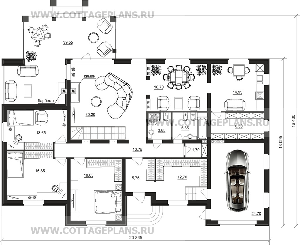 Проект дома 91-22 площадь 351.6 м2 из кирпича, керамических блоков,  одноэтажный, с пристроенным гаражом на 1 машину : цена, каталог, фото,  планировки, строительство