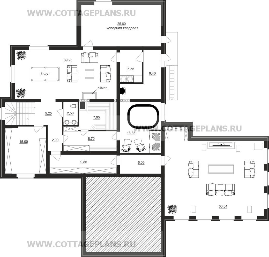 Проект дома 84-15 площадь 560.6 м2 из кирпича, керамических блоков,  двухэтажный с полноценным вторым этажом, на две семьи родители и дети, с  неравными частями : цена, каталог, фото, планировки, строительство