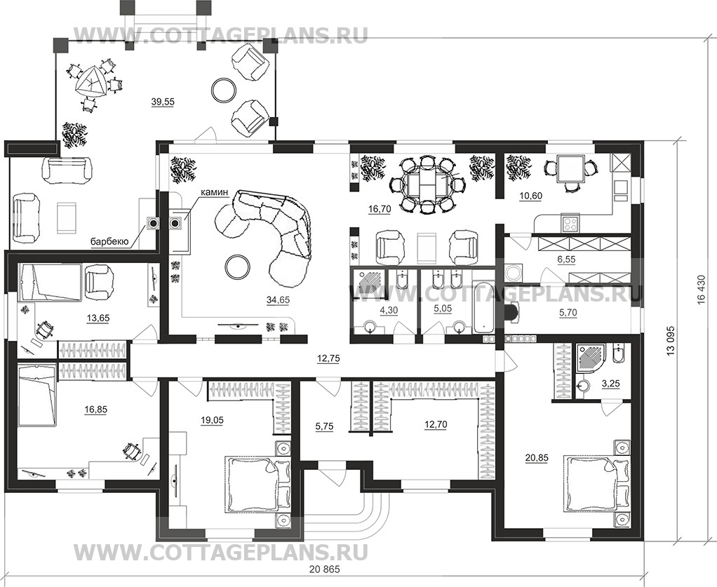 Проект дома 90-25 площадь 188.4 м2 из кирпича, керамических блоков,  одноэтажный, с сауной, парной в доме : цена, каталог, фото, планировки,  строительство