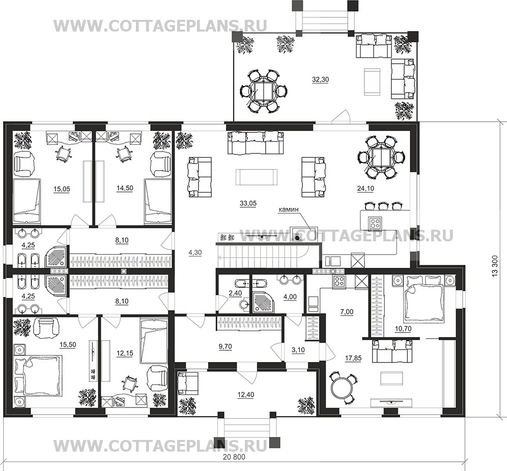 Проект дома 91-02 площадь 426.2 м2 из кирпича, керамических блоков,  одноэтажный, на две семьи родители и дети, с неравными частями : цена,  каталог, фото, планировки, строительство