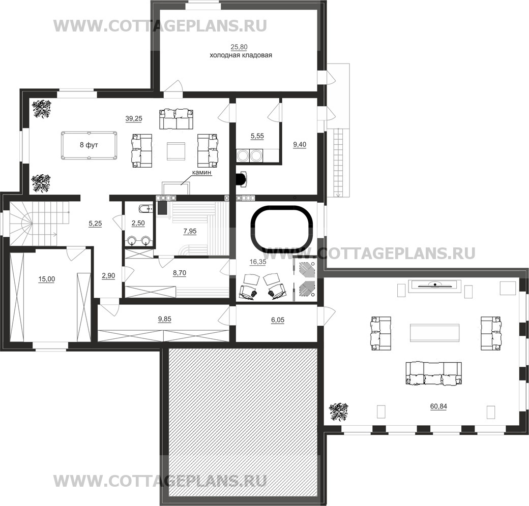 Проект дома 84-38 площадь 445.6 м2 из кирпича, керамических блоков,  одноэтажный, с пристроенным гаражом на 2 машины : цена, каталог, фото,  планировки, строительство