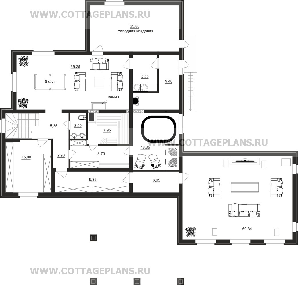 Проект дома 84-41 площадь 399.2 м2 из кирпича, керамических блоков,  одноэтажный, с цокольным этажом : цена, каталог, фото, планировки,  строительство