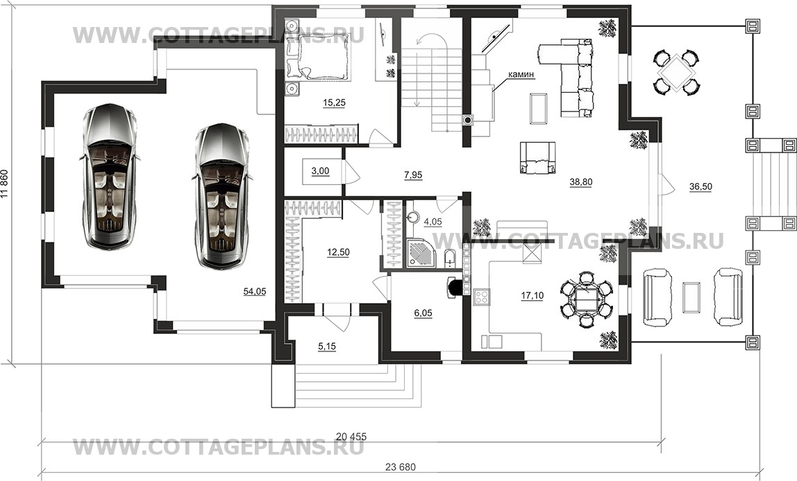 Проект дома 93-92 площадь 373.4 м2 из кирпича, керамических блоков,  двухэтажный с полноценным вторым этажом, с пристроенным гаражом на 2 машины  : цена, каталог, фото, планировки, строительство