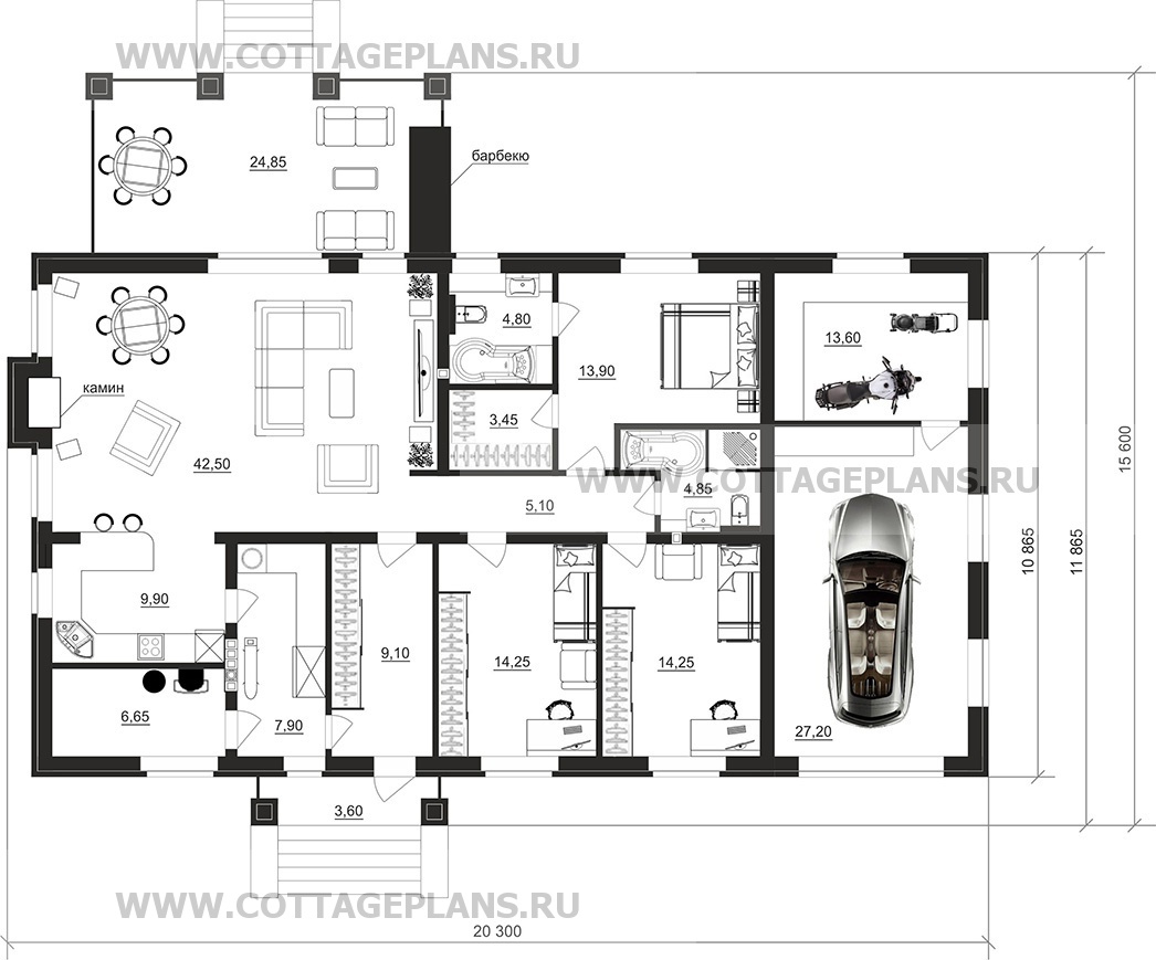 Проект дома 900-85 площадь 177.4 м2 из кирпича, керамических блоков,  одноэтажный, с пристроенным гаражом на 1 машину : цена, каталог, фото,  планировки, строительство