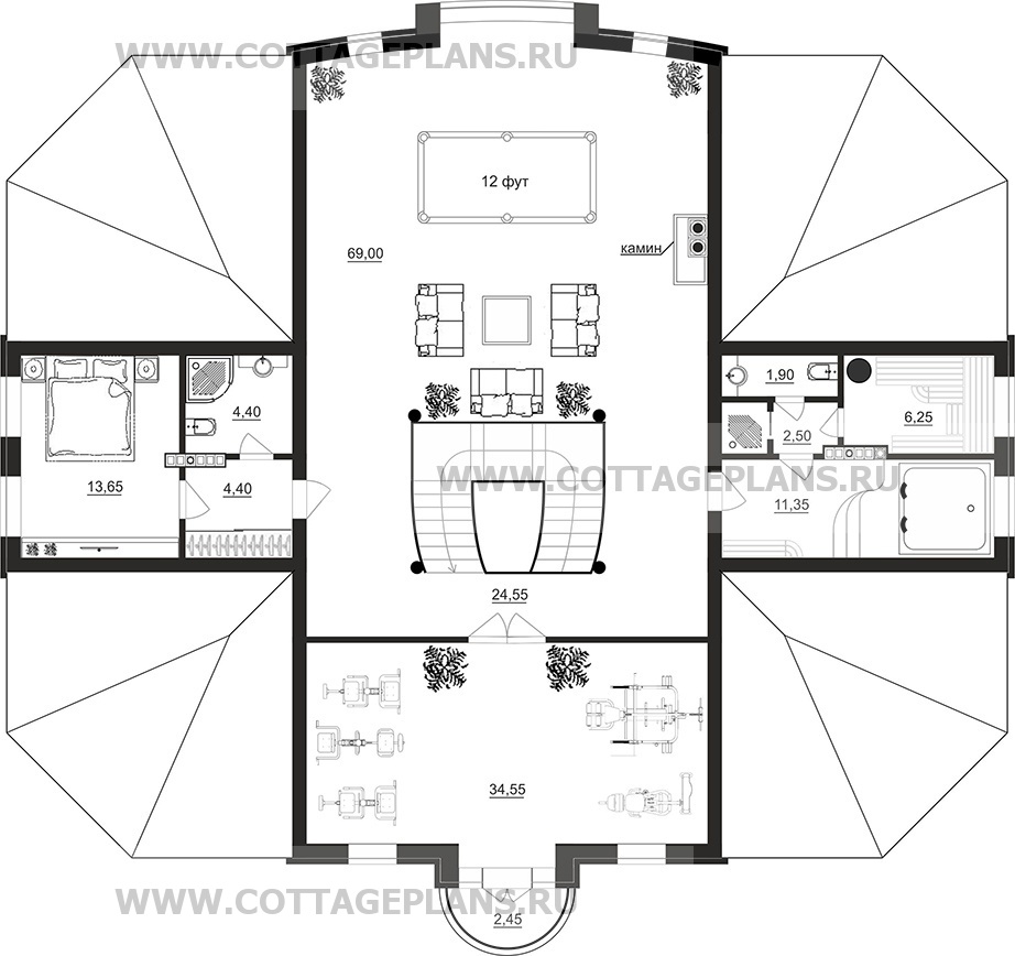 Проект дома 94-84 площадь 644.0 м2 из кирпича, керамических блоков,  трёхэтажный с мансардой, со вторым светом : цена, каталог, фото,  планировки, строительство