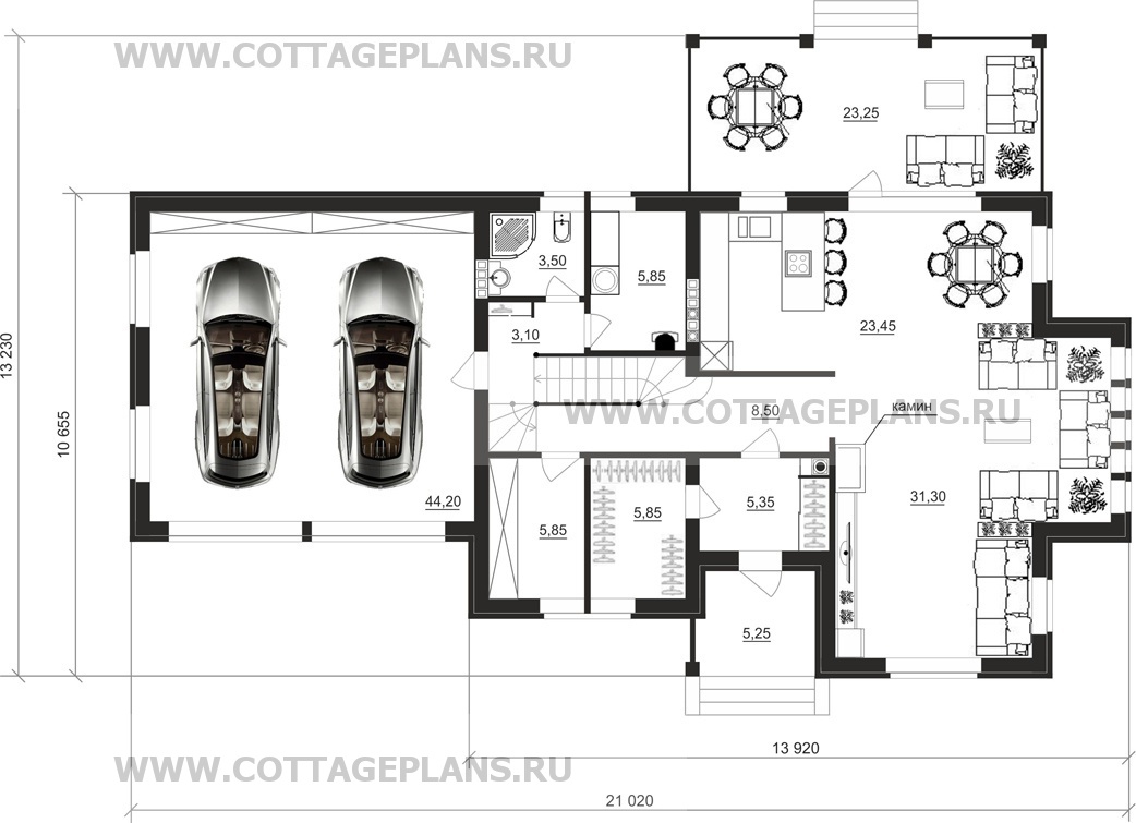 Проект дома 89-28 площадь 376.2 м2 из кирпича, керамических блоков,  двухэтажный с полноценным вторым этажом, с встроенным гаражом на 2 машины :  цена, каталог, фото, планировки, строительство