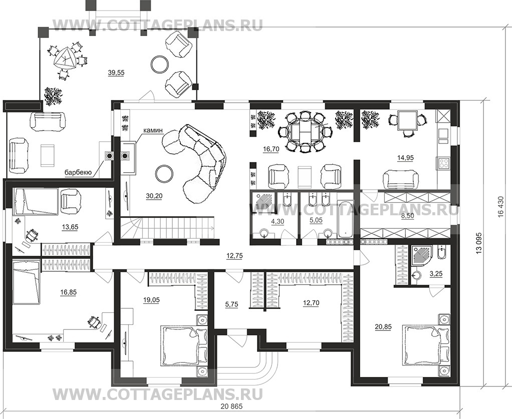 Проект дома 91-25 площадь 374.4 м2 из кирпича, керамических блоков,  одноэтажный, с цокольным этажом : цена, каталог, фото, планировки,  строительство